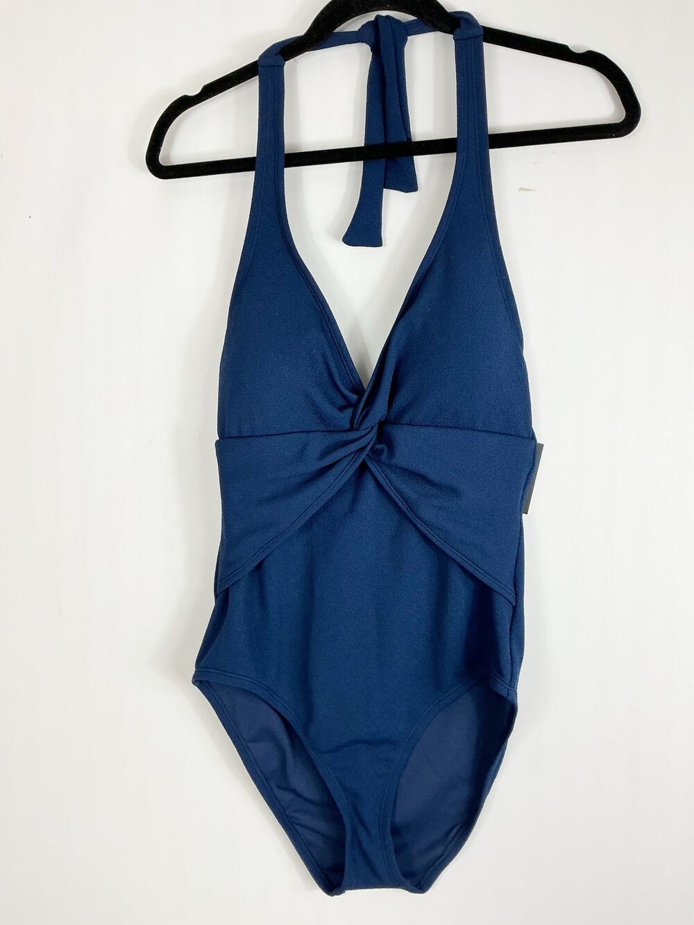 Ellen Tracy Womens One Piece Bathing Suit Swimsuit Navy Blue Halter Tie Neck
